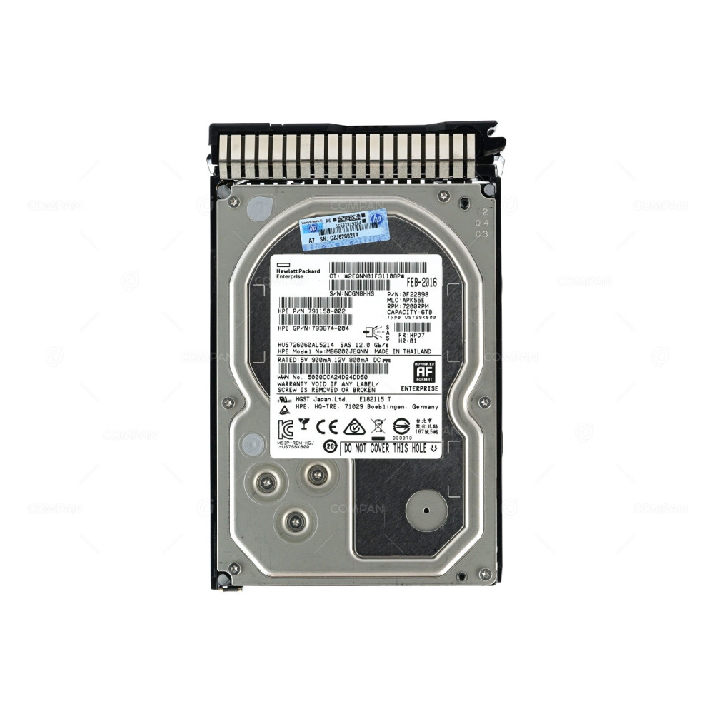 793764-001 HP HARD DRIVE 6TB 7.2K 12G 3.5 LFF HOT PLUG SAS 791150-002, 793674-004, HUS726060AL5214, 0F22898